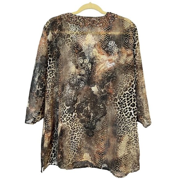 Chicos Top XL Brown Animal Print Tunic Sequin Neutral Twee Western 80s Safari - Picture 9 of 12